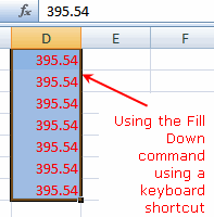 keyboard commands excel for mac fill down